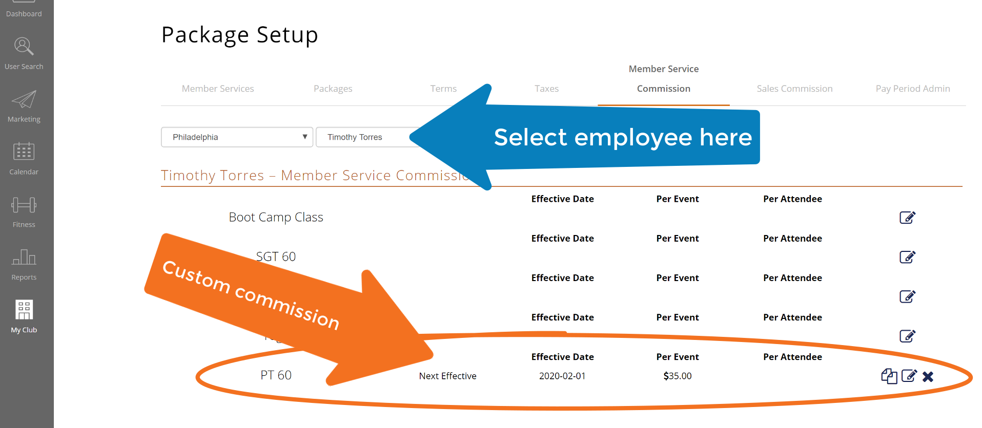 Example of employee commission page